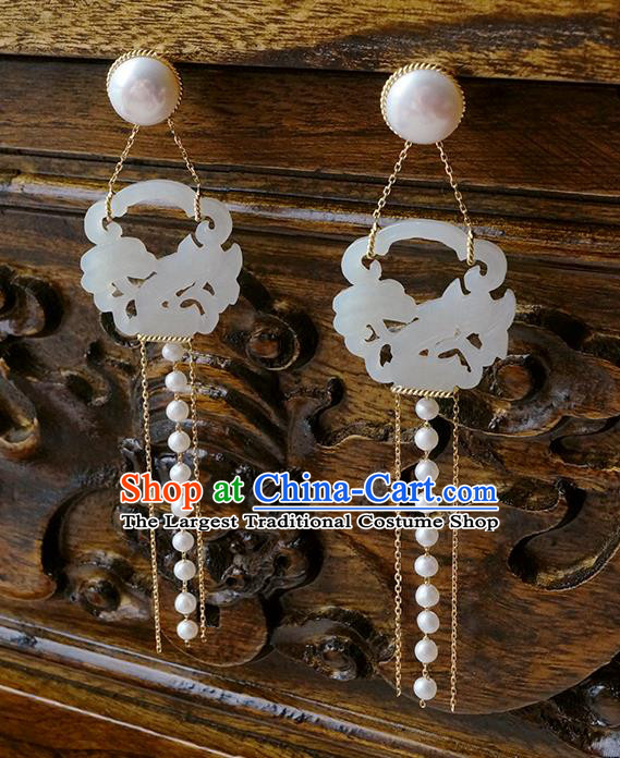 Top Grade Chinese Handmade Pearls Tassel Ear Jewelry Classical Jade Earrings Traditional Accessories