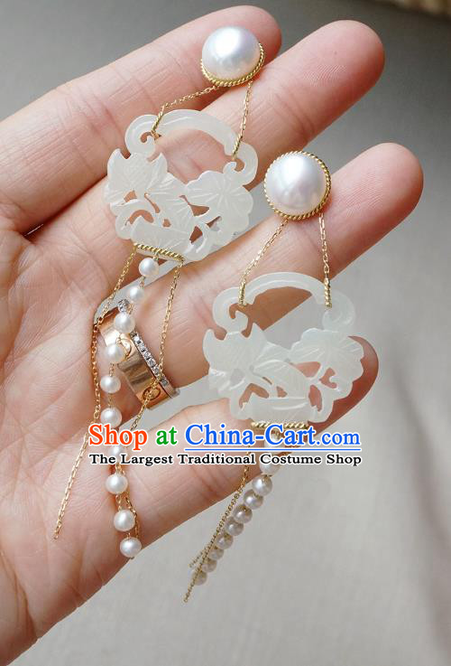 Top Grade Chinese Handmade Pearls Tassel Ear Jewelry Classical Jade Earrings Traditional Accessories