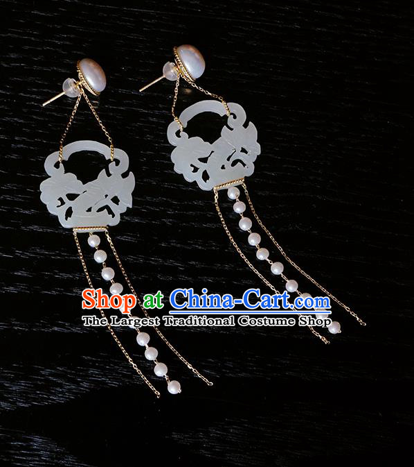 Top Grade Chinese Handmade Pearls Tassel Ear Jewelry Classical Jade Earrings Traditional Accessories