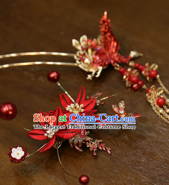 Chinese Classical Hair Accessories Traditional Wedding Red Silk Hairpins Full Set