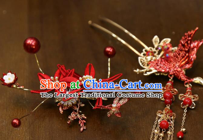 Chinese Classical Hair Accessories Traditional Wedding Red Silk Hairpins Full Set