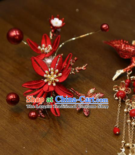 Chinese Classical Hair Accessories Traditional Wedding Red Silk Hairpins Full Set
