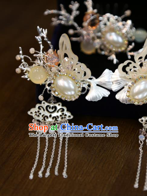 Chinese Classical Pearl Butterfly Hair Sticks Hair Accessories Traditional Wedding Shell Ginkgo Leaf Hairpins
