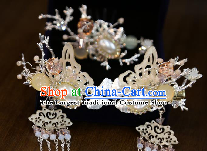 Chinese Classical Pearl Butterfly Hair Sticks Hair Accessories Traditional Wedding Shell Ginkgo Leaf Hairpins