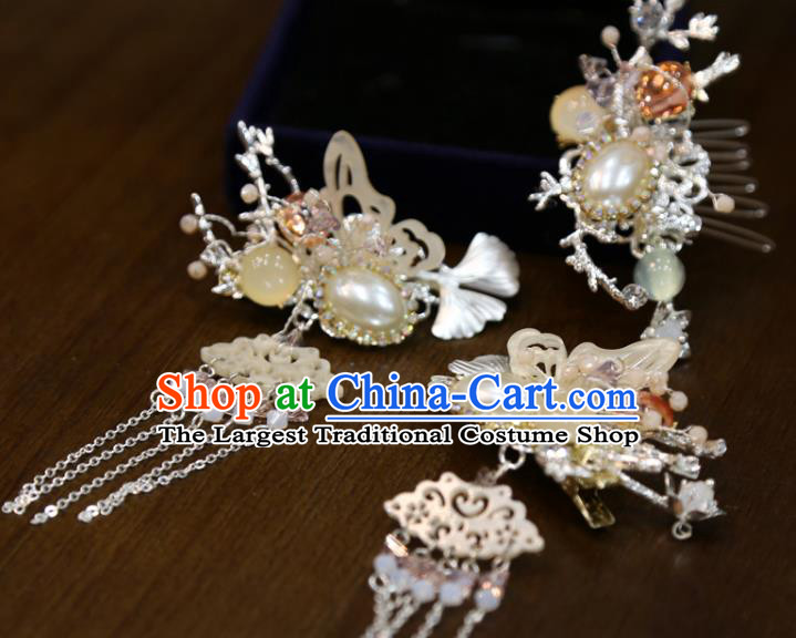Chinese Classical Pearl Butterfly Hair Sticks Hair Accessories Traditional Wedding Shell Ginkgo Leaf Hairpins