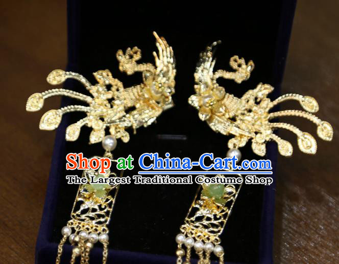 Chinese Wedding Hairpins Classical Hair Accessories Traditional Golden Phoenix Hair Sticks