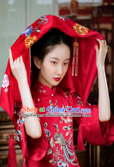 Chinese Handmade Red Bridal Veil Traditional Wedding Embroidered Accessories Classical Headpiece