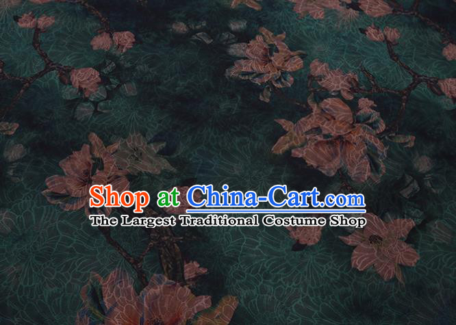 Chinese Classical Yulan Magnolia Pattern Silk Drapery Asian Traditional Cheongsam Deep Green Cloth Fabric