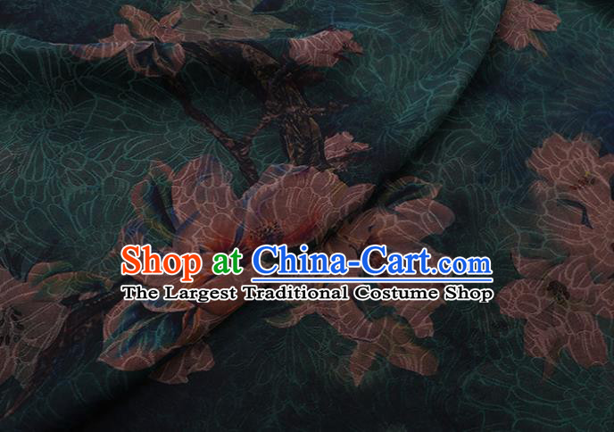 Chinese Classical Yulan Magnolia Pattern Silk Drapery Asian Traditional Cheongsam Deep Green Cloth Fabric