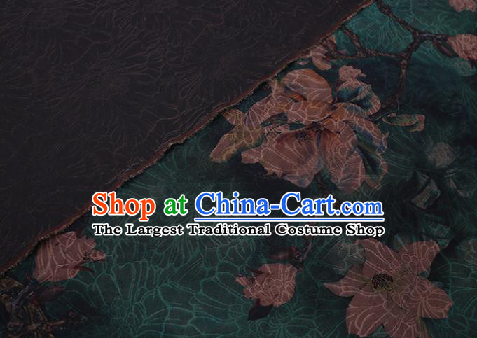 Chinese Classical Yulan Magnolia Pattern Silk Drapery Asian Traditional Cheongsam Deep Green Cloth Fabric