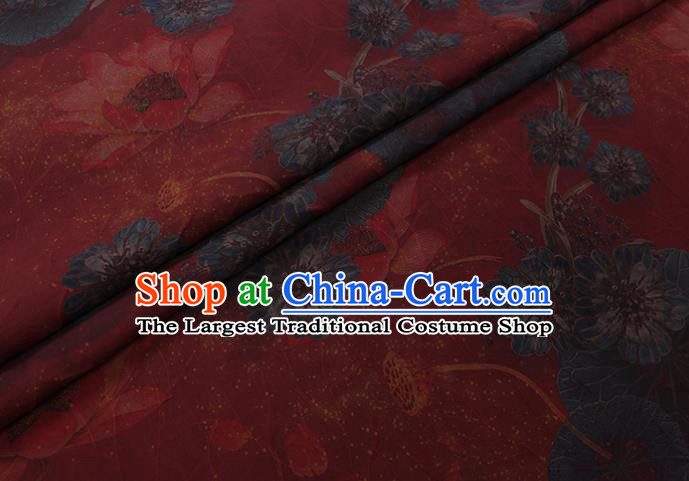 Asian Watered Gauze Fabric Traditional Cheongsam Cloth Chinese Classical Lotus Pattern Red Silk Drapery