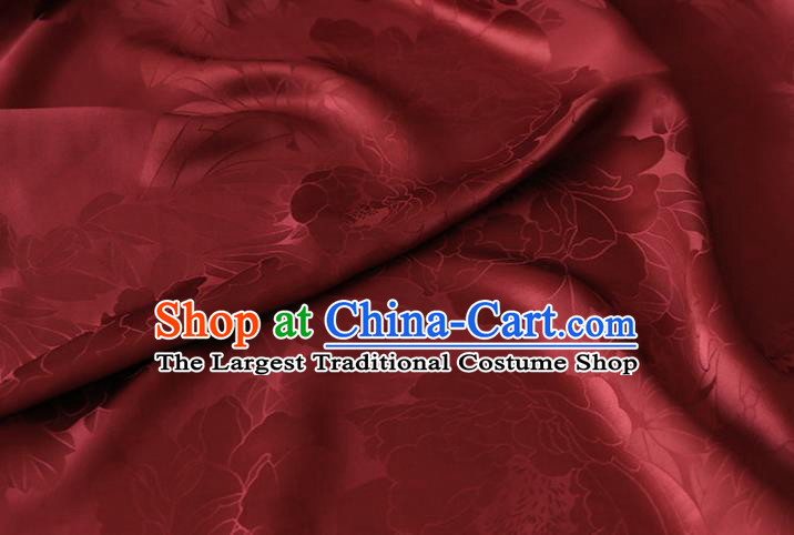 Chinese Traditional Purplish Red Silk Drapery Cheongsam Cloth Classical Royal Peony Pattern Satin Fabric