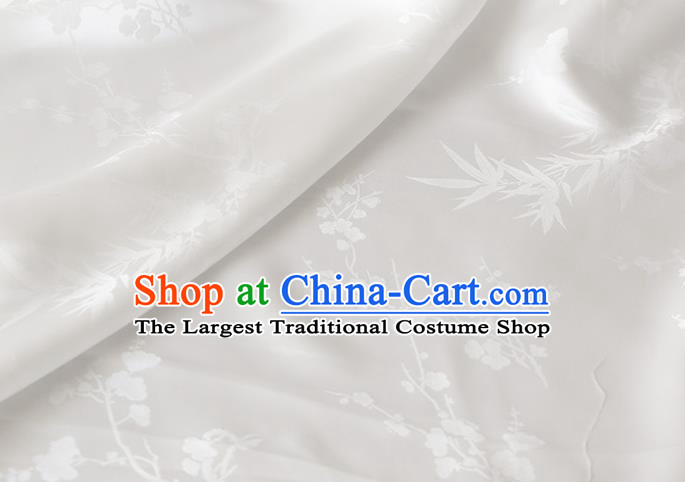 Chinese Traditional Classical Plum Orchid Bamboo Pattern Satin Fabric White Silk Drapery Cheongsam Cloth