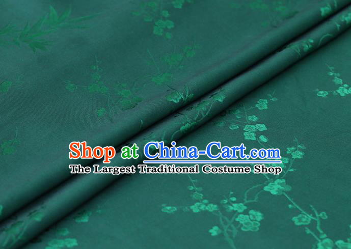 Chinese Traditional Classical Plum Orchid Bamboo Pattern Satin Fabric Cheongsam Cloth Deep Green Silk Drapery