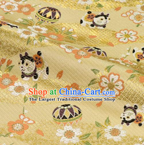 Asian Japanese Traditional Dog Pattern Design Yellow Brocade Kimono Fabric Nishijin Tapestry Satin