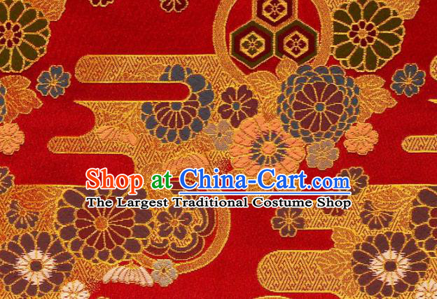 Asian Traditional Chrysanthemum Pattern Design Red Brocade Japanese Kimono Cloth Fabric Nishijin Tapestry Satin