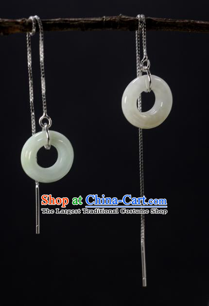 Handmade Chinese National Silver Earrings Traditional Cheongsam Classical Jade Ring Ear Accessories