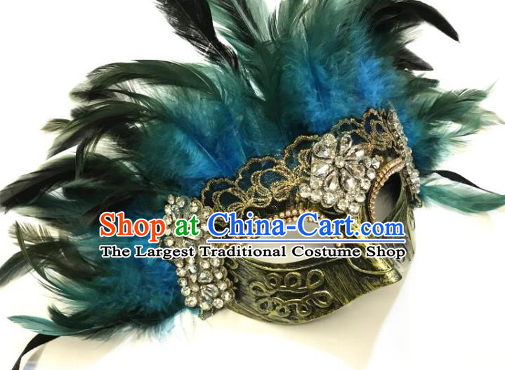 Top Stage Performance Blue Feather Face Accessories Fancy Ball Decorations Crystal Blinder Halloween Cosplay Flowers Mask