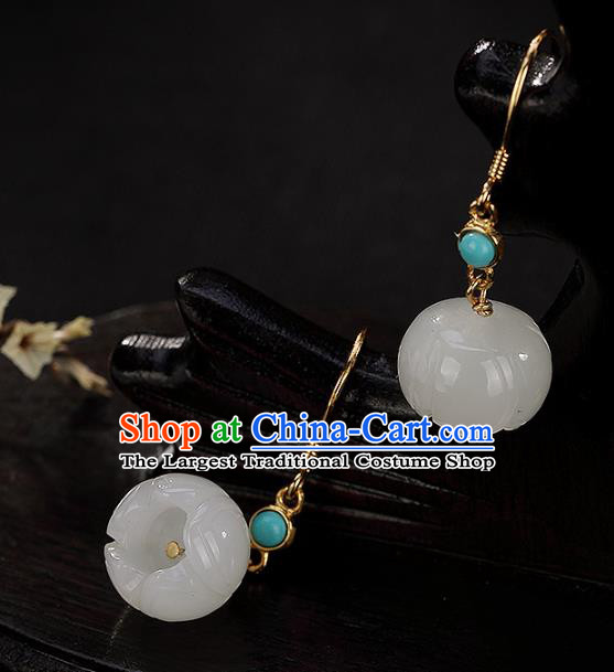 Handmade Chinese Traditional Qing Dynasty Court Ear Accessories Classical White Jade Lotus Earrings Jewelry