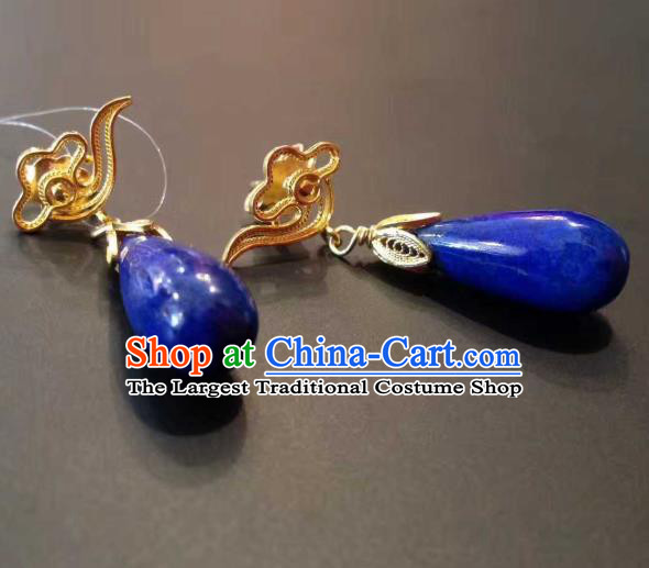 Handmade Chinese Classical Qing Dynasty Court Lapis Earrings Jewelry Traditional Ear Accessories