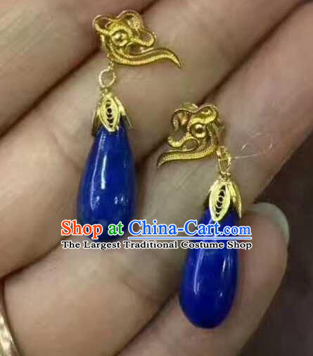 Handmade Chinese Classical Qing Dynasty Court Lapis Earrings Jewelry Traditional Ear Accessories