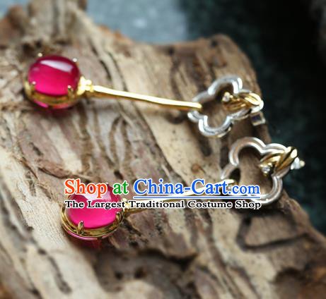 Handmade Chinese Traditional Ear Jewelry Classical Cheongsam Earrings Red Corundum Eardrop Accessories