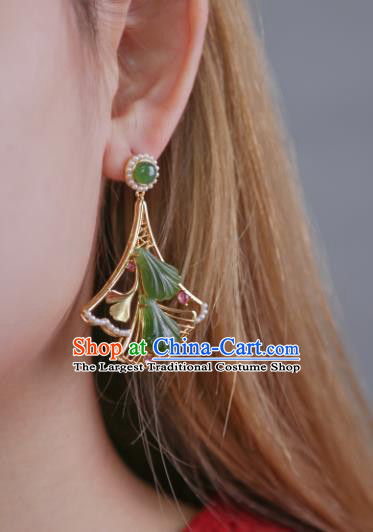 Top Grade Chinese Handmade Jade Ginkgo Leaf Ear Jewelry Accessories Traditional Classical Pearls Earrings