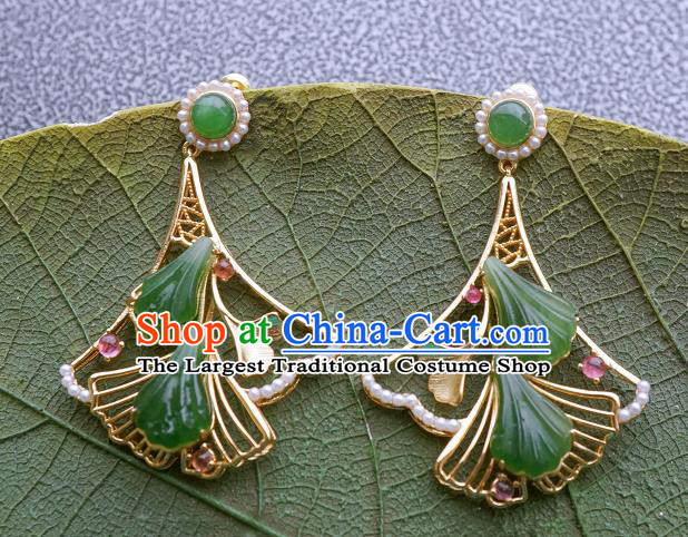 Top Grade Chinese Handmade Jade Ginkgo Leaf Ear Jewelry Accessories Traditional Classical Pearls Earrings
