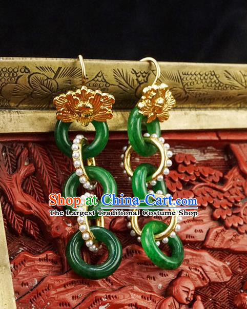 Top Grade Chinese Classical Jade Rings Earrings Traditional Handmade Pearls Ear Jewelry Ming Dynasty Accessories