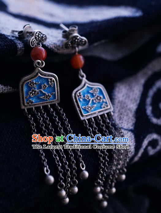 Top Grade Chinese Silver Accessories Classical Court Blueing Earrings Traditional Handmade Bells Tassel Ear Jewelry