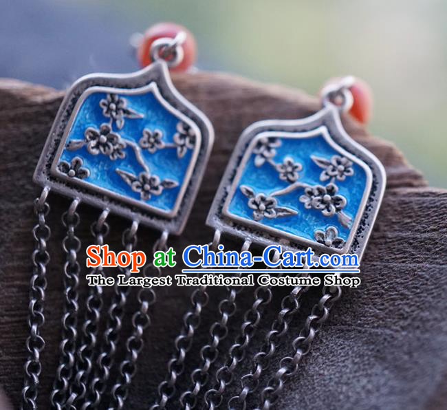 Top Grade Chinese Silver Accessories Classical Court Blueing Earrings Traditional Handmade Bells Tassel Ear Jewelry