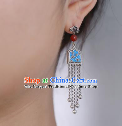 Top Grade Chinese Silver Accessories Classical Court Blueing Earrings Traditional Handmade Bells Tassel Ear Jewelry
