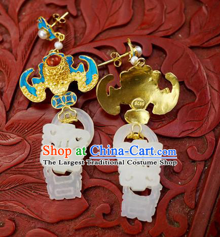 Top Grade Chinese Classical Court Blueing Bat Earrings Traditional Handmade Ear Jewelry Jade Accessories