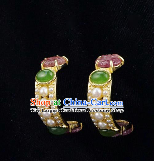 Top Grade Chinese Traditional Classical Jade Earrings Handmade Pearls Ear Jewelry Qing Dynasty Court Accessories