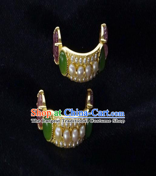 Top Grade Chinese Traditional Classical Jade Earrings Handmade Pearls Ear Jewelry Qing Dynasty Court Accessories