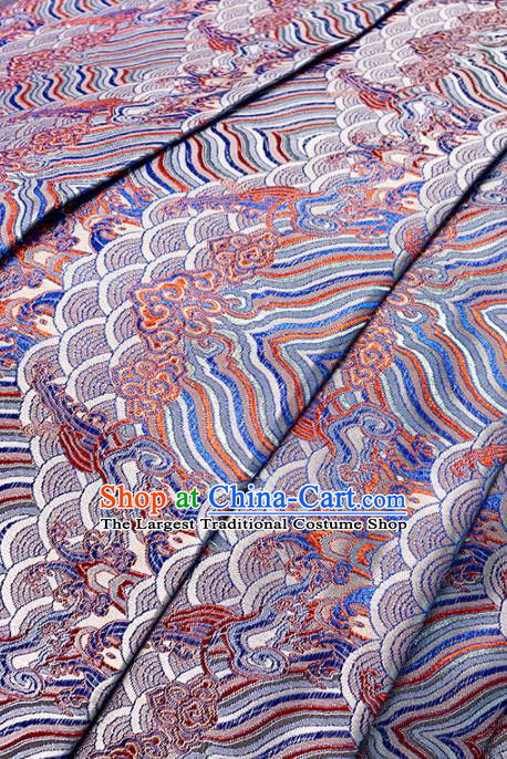 Chinese Classical Sea Wave Pattern Design Blue Brocade Fabric Asian Traditional Satin Tang Suit Silk Material