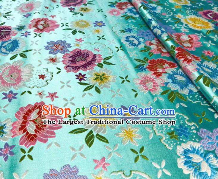 Chinese Classical Beautiful Flowers Pattern Design Blue Brocade Fabric Asian Traditional Satin Silk Material