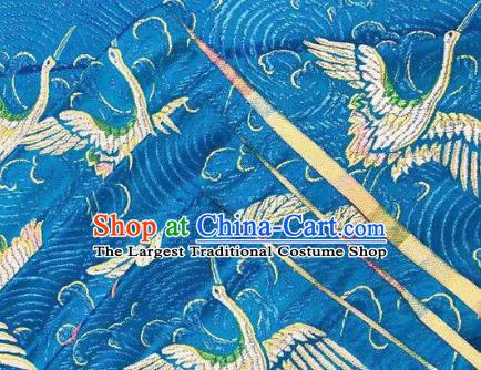 Chinese Classical Royal Cranes Pattern Design Blue Brocade Fabric Asian Traditional Satin Silk Material