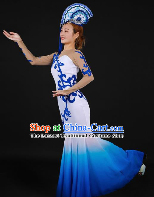 Chinese Spring Festival Gala Classical Dance Blue Fishtail Dress Traditional Chorus Costume for Women