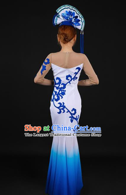 Chinese Spring Festival Gala Classical Dance Blue Fishtail Dress Traditional Chorus Costume for Women