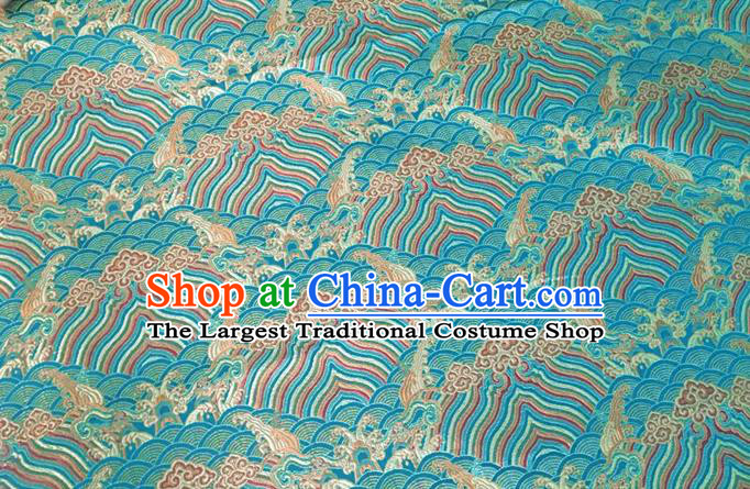 Asian Chinese Classical Wave Cliff Pattern Design Lake Blue Brocade Jacquard Fabric Traditional Cheongsam Silk Material