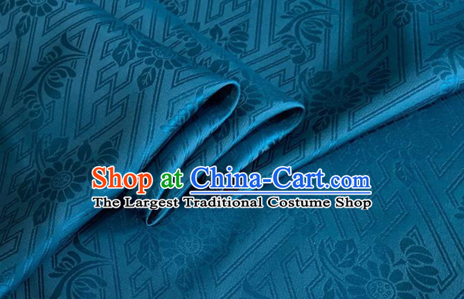 Asian Chinese Classical Daisy Pattern Design Peacock Blue Brocade Jacquard Fabric Traditional Cheongsam Silk Material