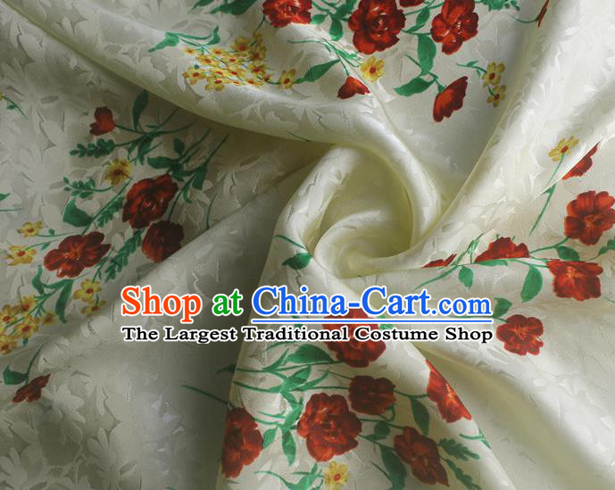 Asian Chinese Classical Printing Flowers Pattern Design Beige Silk Fabric Traditional Cheongsam Brocade Material