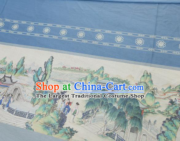 Asian Chinese Classical Printing Dream of the Red Chamber Pattern Design Blue Silk Fabric Traditional Hanfu Brocade Material