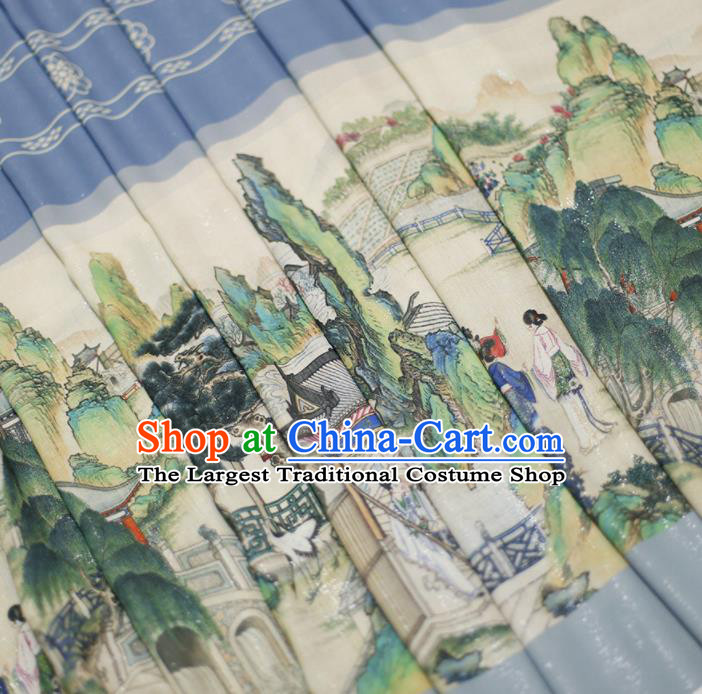Asian Chinese Classical Printing Dream of the Red Chamber Pattern Design Blue Silk Fabric Traditional Hanfu Brocade Material