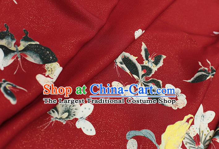 Asian Chinese Classical Printing Butterfly Pattern Design Red Silk Fabric Traditional Hanfu Brocade Material