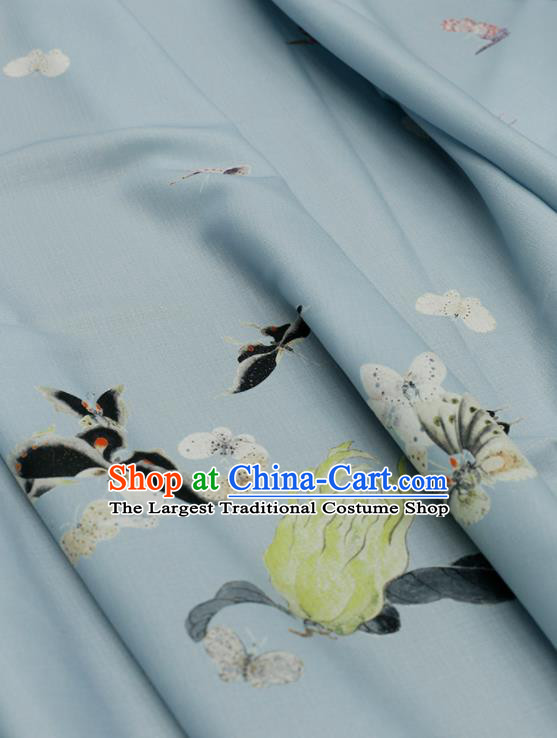 Asian Chinese Classical Printing Butterfly Pattern Design Blue Silk Fabric Traditional Hanfu Brocade Material