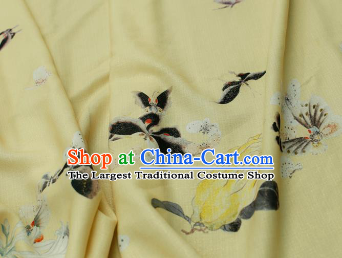 Asian Chinese Classical Printing Butterfly Pattern Design Yellow Silk Fabric Traditional Hanfu Brocade Material