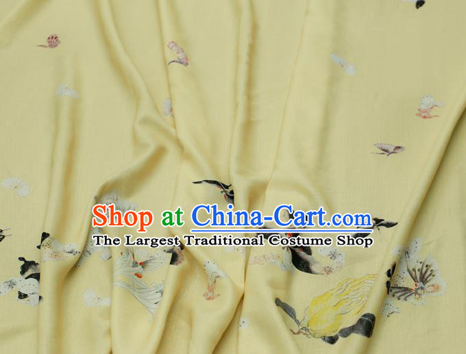 Asian Chinese Classical Printing Butterfly Pattern Design Yellow Silk Fabric Traditional Hanfu Brocade Material