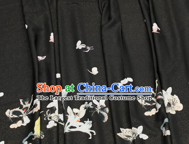 Asian Chinese Classical Printing Butterfly Pattern Design Black Silk Fabric Traditional Hanfu Brocade Material
